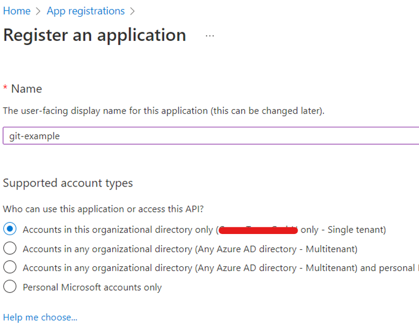 Azure screenshot showing how to register an app allowing accounts in organization only