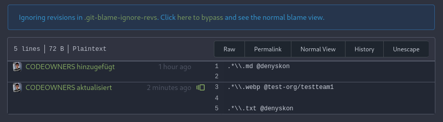 Screenshot showing a blame view with hidden revisions