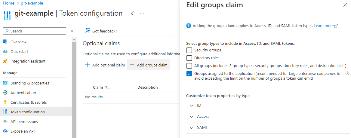 Azure screenshot showing group claims